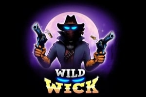 Wild Wick slot game logo featuring black cat gunslinger character with dual pistols against purple moon background with bold yellow and white western-style text