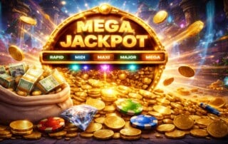 Dream Drop Mega Jackpot display showing €2 million progressive jackpot win with gold coins, casino chips, and cash