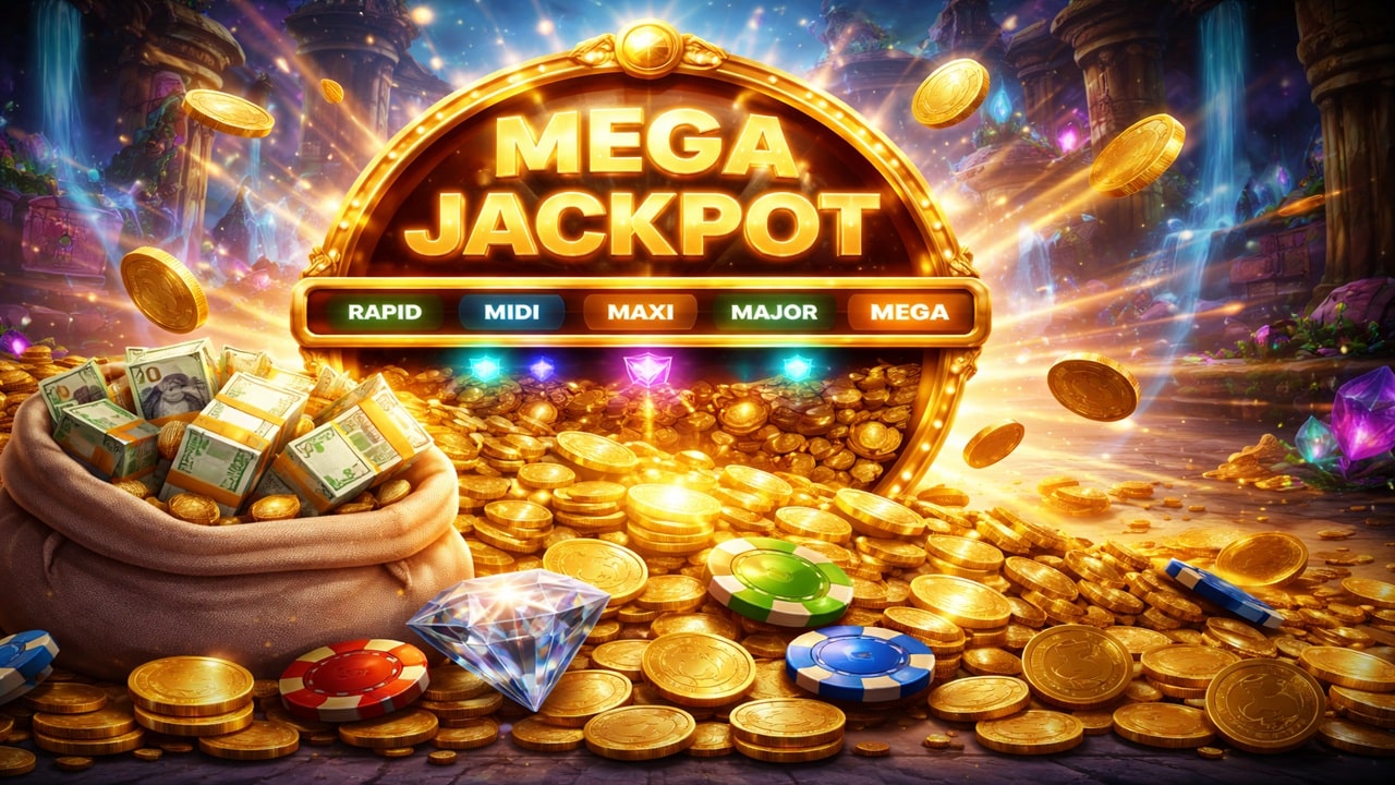 Dream Drop Mega Jackpot display showing €2 million progressive jackpot win with gold coins, casino chips, and cash