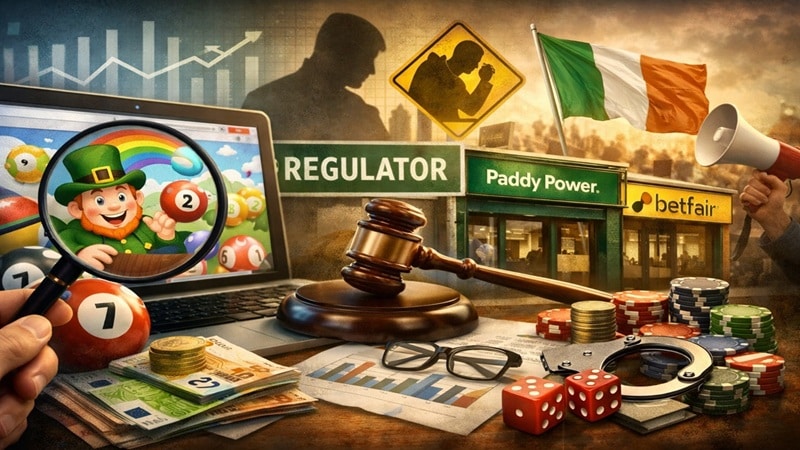 Irish gambling regulation composite showing National Lottery marketing concerns, regulatory oversight, Paddy Power Betfair brands, and legislative elements