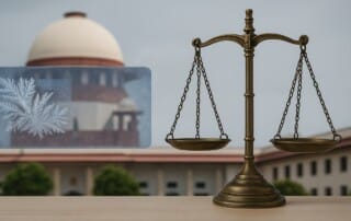 Image of a building in India and scales to weight up the current online gambling situation in India