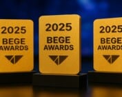 BEGE Awards 2025 trophies displayed at the Sofia event celebrating winners including EGT, Amusnet, and Wazdan.