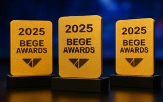 BEGE Awards 2025 trophies displayed at the Sofia event celebrating winners including EGT, Amusnet, and Wazdan.