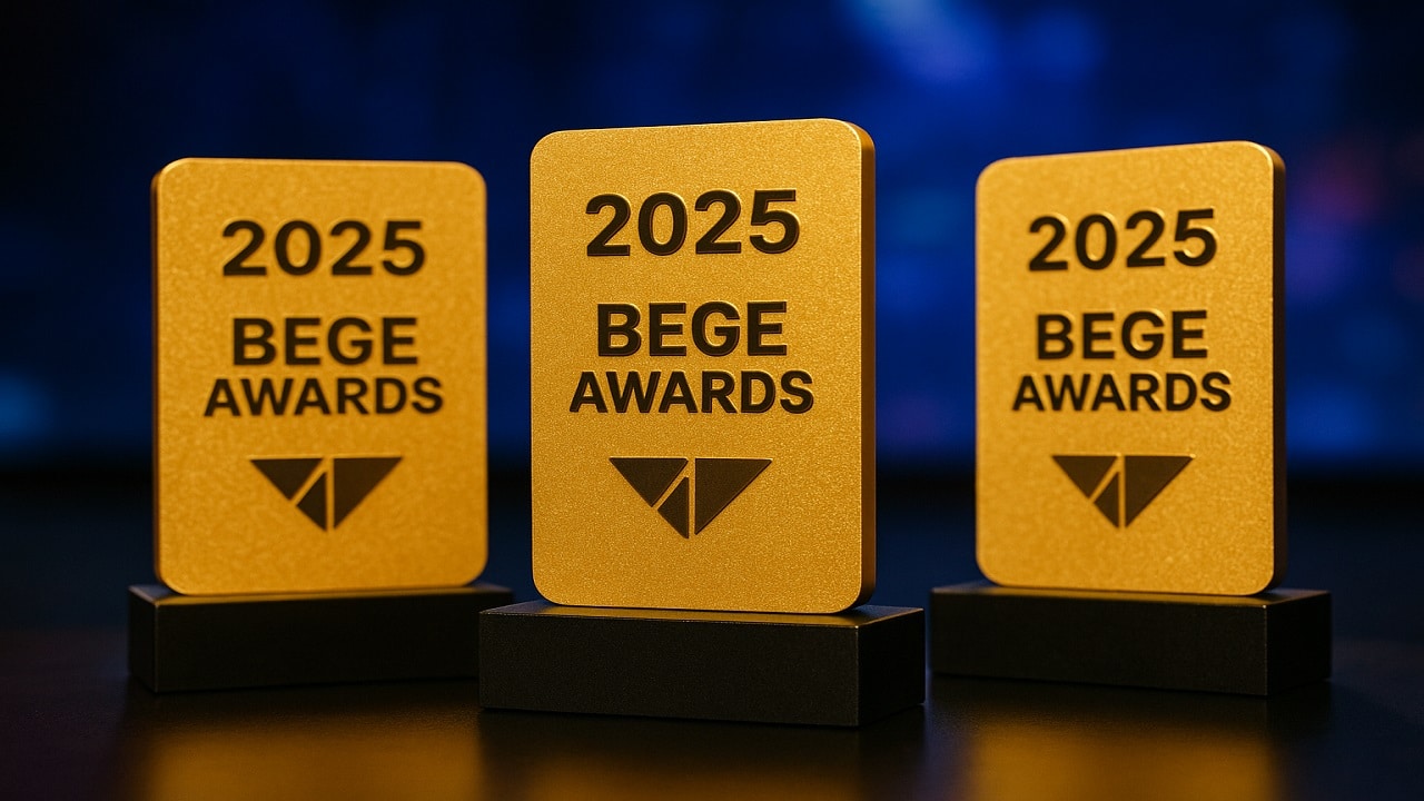 BEGE Awards 2025 trophies displayed at the Sofia event celebrating winners including EGT, Amusnet, and Wazdan.