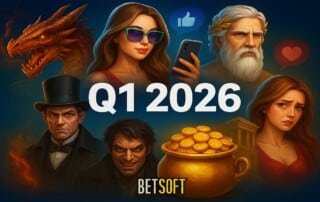 Illustration featuring characters and themes from Betsoft’s Q1 2026 slot roadmap, including dragons, influencers, Greek gods, Dr. Jekyll & Mr. Hyde, and jackpot imagery.