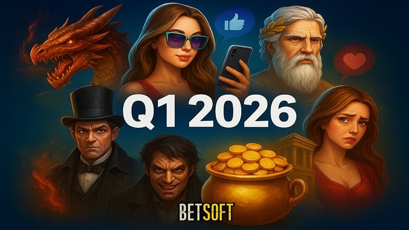 Illustration featuring characters and themes from Betsoft&rsquo;s Q1 2026 slot roadmap, including dragons, influencers, Greek gods, Dr. Jekyll & Mr. Hyde, and jackpot imagery.