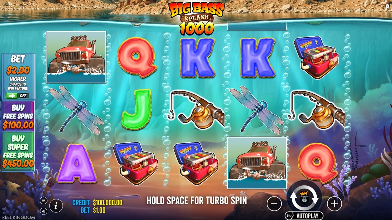 Big Bass Splash 1000 slot game screenshot showing fishing-themed reels with jeep and fishing rod symbols - Pragmatic Play