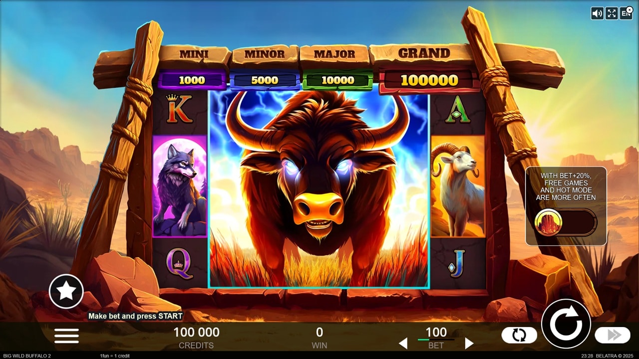 Big Wild Buffalo 2 slot game screenshot showing mega buffalo symbol, four-tier jackpot display, animal symbols, and Hot Mode feature - Belatra