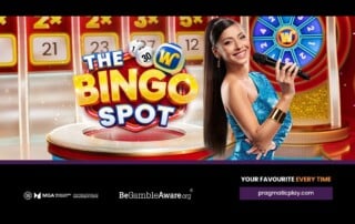 The Bingo Spot live casino game show by Pragmatic Play featuring bingo balls, live host, and colorful game board with 20,000x multiplier potential
