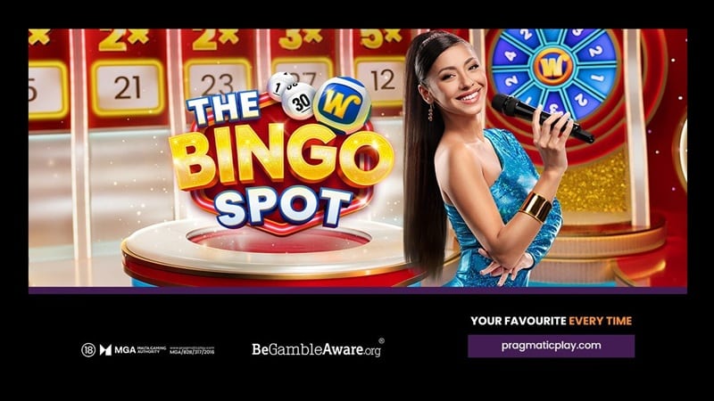 The Bingo Spot live casino game show by Pragmatic Play featuring bingo balls, live host, and colorful game board with 20,000x multiplier potential