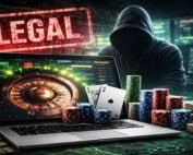 Illegal online casino on laptop with hooded cybercriminal, representing unregulated black market gambling operators targeting UK players