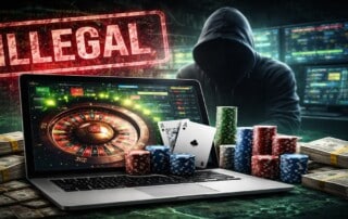 Illegal online casino on laptop with hooded cybercriminal, representing unregulated black market gambling operators targeting UK players
