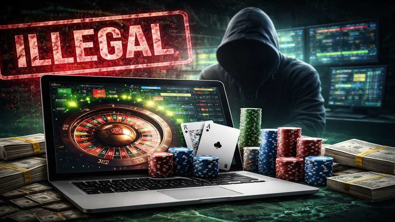Illegal online casino on laptop with hooded cybercriminal, representing unregulated black market gambling operators targeting UK players
