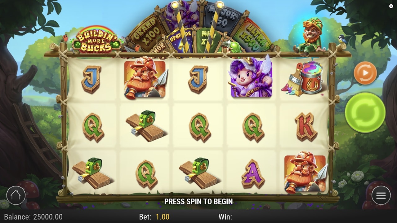Buildin' More Bucks slot game screenshot showing Irish-themed reels with leprechaun characters, progressive jackpots, wooden traps, and card symbols - Play'n GO
