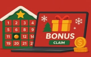 Christmas advent calendar and online casino bonus imagery with festive gifts and holiday icons.