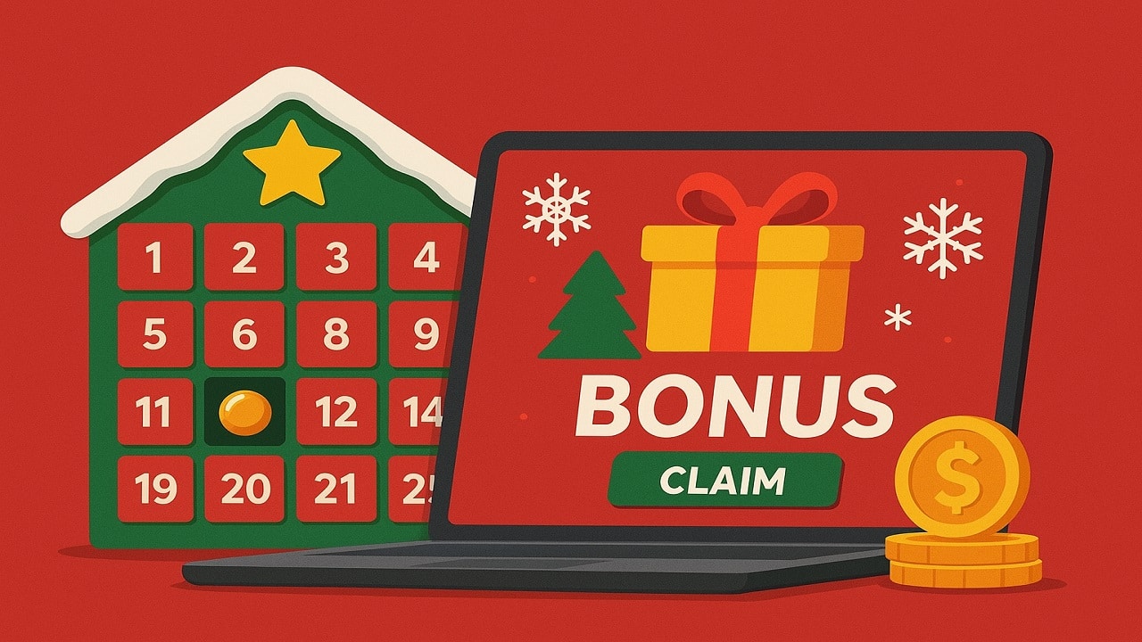 Christmas advent calendar and online casino bonus imagery with festive gifts and holiday icons.