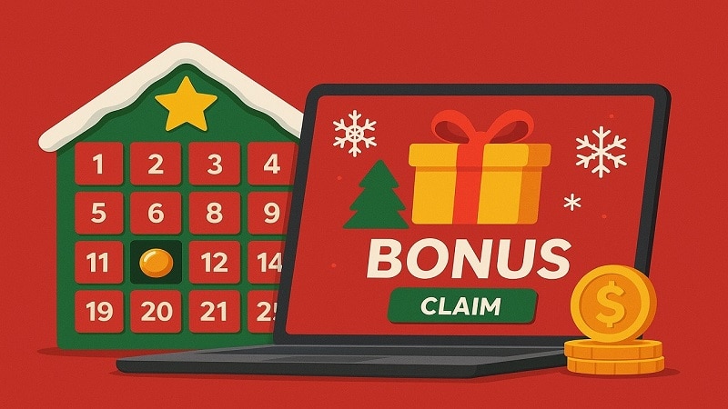 Christmas advent calendar and online casino bonus imagery with festive gifts and holiday icons.