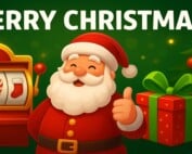 Festive Christmas-themed casino slot machine illustration featuring Santa, gifts, and holiday decorations.