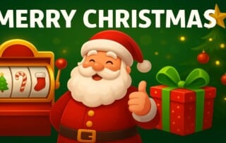 Festive Christmas-themed casino slot machine illustration featuring Santa, gifts, and holiday decorations.