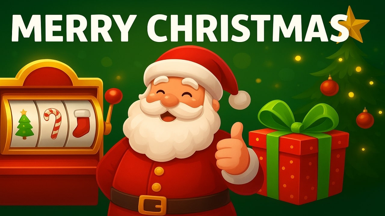 Festive Christmas-themed casino slot machine illustration featuring Santa, gifts, and holiday decorations.