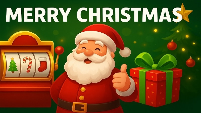Festive Christmas-themed casino slot machine illustration featuring Santa, gifts, and holiday decorations.