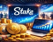 Illustration showing cryptocurrency coins, financial growth charts and a busy office environment representing Stake and Easygo’s crypto casino operations