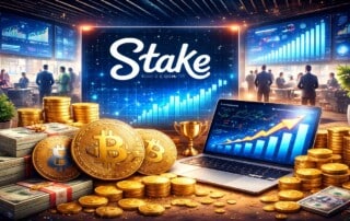 Illustration showing cryptocurrency coins, financial growth charts and a busy office environment representing Stake and Easygo’s crypto casino operations