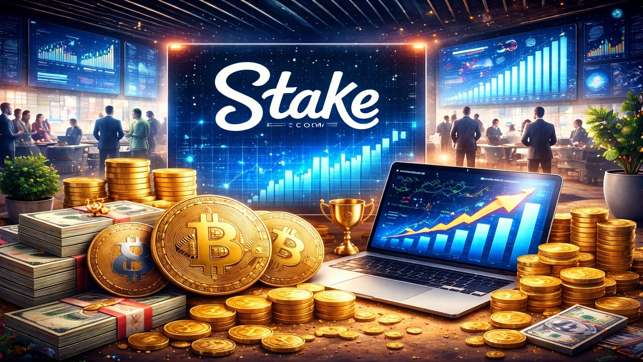 Illustration showing cryptocurrency coins, financial growth charts and a busy office environment representing Stake and Easygo’s crypto casino operations