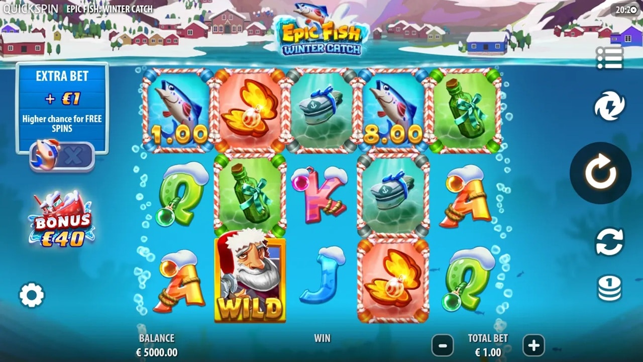 Epic Fish: Winter Catch slot game screenshot showing candy cane-framed reels, Wild Santa symbol, fish symbols with multipliers, and Extra Bet feature - Quickspin