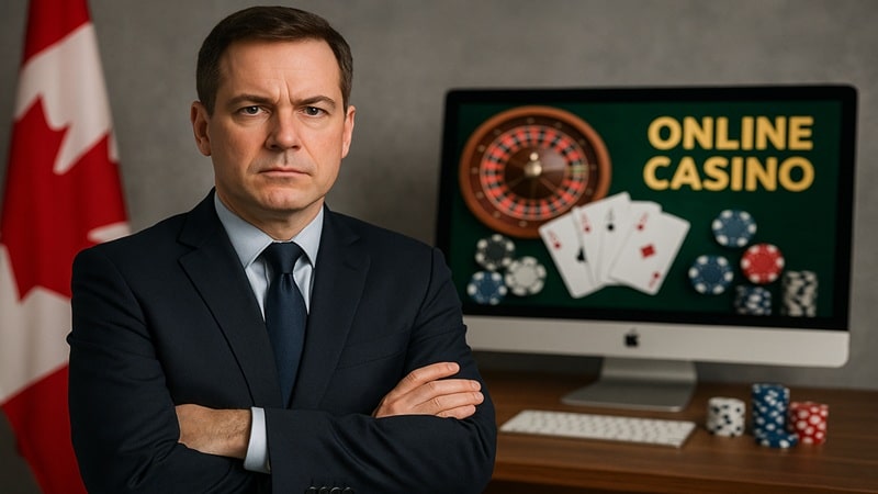 iGaming Ontario CEO Joseph Hillier Appointment - Ontario Online Gambling Regulation Professional man in suit with Canadian flag and online casino screen representing iGaming Ontario leadership