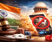 Illustration showing India’s Supreme Court, a judge’s gavel and online casino imagery symbolising the ban on online money games in India.