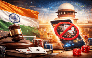Illustration showing India’s Supreme Court, a judge’s gavel and online casino imagery symbolising the ban on online money games in India.