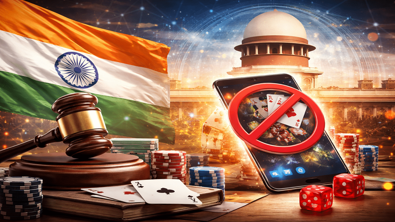 Illustration showing India’s Supreme Court, a judge’s gavel and online casino imagery symbolising the ban on online money games in India.