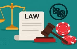 Illustration showing legal symbols, gambling chips, and a crossed-out dice icon, representing Odisha’s decision to remove jail terms for gambling offences.