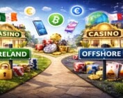 Ireland and offshore casino choice illustration showing path split between GRAI-licensed domestic casinos and international operators with euro and bitcoin symbols