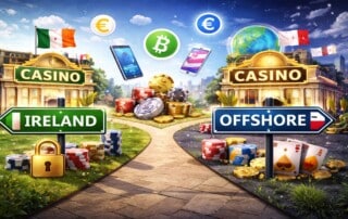 Ireland and offshore casino choice illustration showing path split between GRAI-licensed domestic casinos and international operators with euro and bitcoin symbols