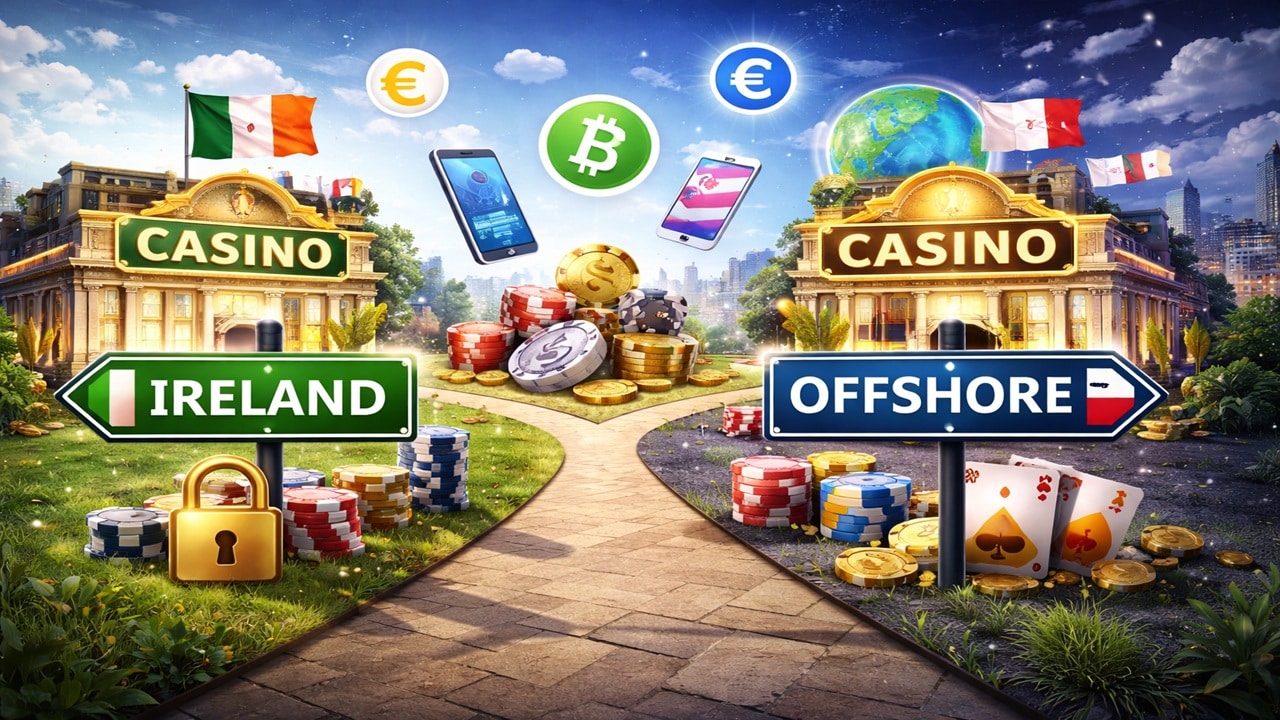 Ireland and offshore casino choice illustration showing path split between GRAI-licensed domestic casinos and international operators with euro and bitcoin symbols