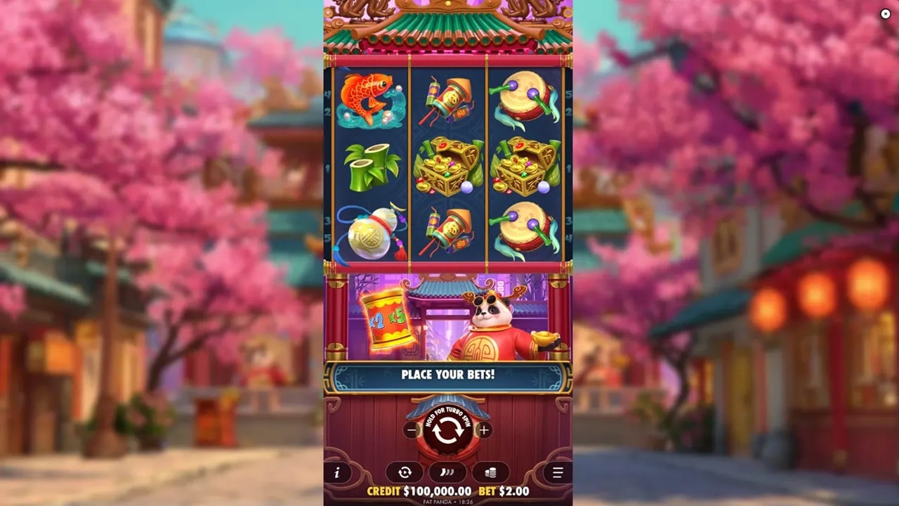 Lucky Panda slot game screenshot showing Asian-themed reels with panda character, treasure chests, lanterns, and koi fish symbols - Pragmatic Play