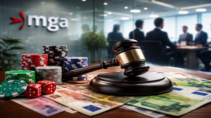 Malta Gaming Authority logo with judge's gavel, casino chips and euro currency representing regulatory enforcement and player protection measures