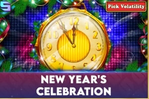 New Year's Celebration slot game showing a countdown clock at midnight with colorful fireworks and a pick volatility feature - Spinomenal