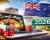 New Zealand flag with Parliament Beehive building and online casino gambling elements including laptop, roulette wheel, and 2026 road sig