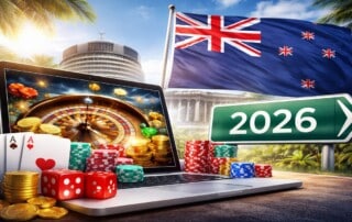 New Zealand flag with Parliament Beehive building and online casino gambling elements including laptop, roulette wheel, and 2026 road sig