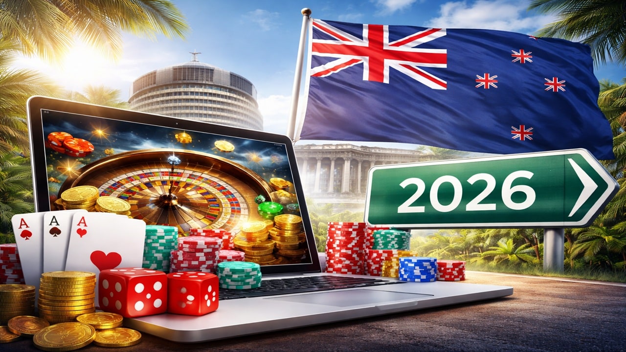 New Zealand flag with Parliament Beehive building and online casino gambling elements including laptop, roulette wheel, and 2026 road sig