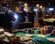 New Zealand police officers conducting raid on illegal gambling venue in Auckland with poker tables, casino chips and cash visible
