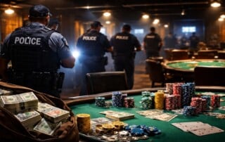 New Zealand police officers conducting raid on illegal gambling venue in Auckland with poker tables, casino chips and cash visible