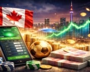 Toronto CN Tower skyline with Canadian flag, sports betting mobile app, soccer ball, casino chips and Canadian dollar bills with green upward trending graph showing Ontario gambling revenue growth