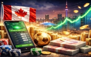 Toronto CN Tower skyline with Canadian flag, sports betting mobile app, soccer ball, casino chips and Canadian dollar bills with green upward trending graph showing Ontario gambling revenue growth