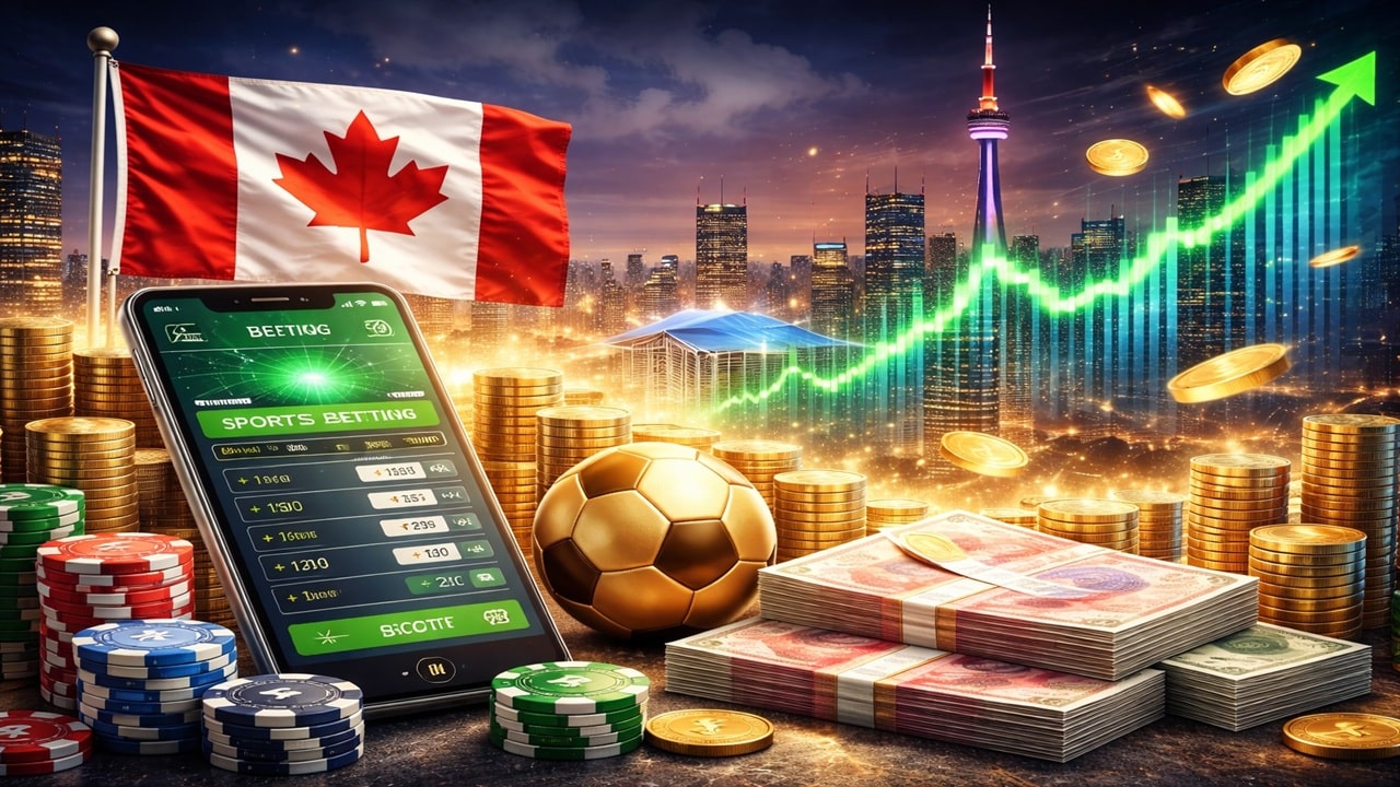 Toronto CN Tower skyline with Canadian flag, sports betting mobile app, soccer ball, casino chips and Canadian dollar bills with green upward trending graph showing Ontario gambling revenue growth