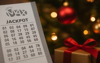 Lotto Max jackpot ticket with Christmas decorations highlighting holiday lottery syndicate safety concerns