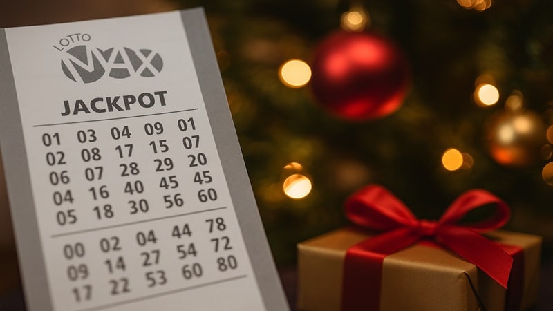 Lotto Max jackpot ticket with Christmas decorations highlighting holiday lottery syndicate safety concerns